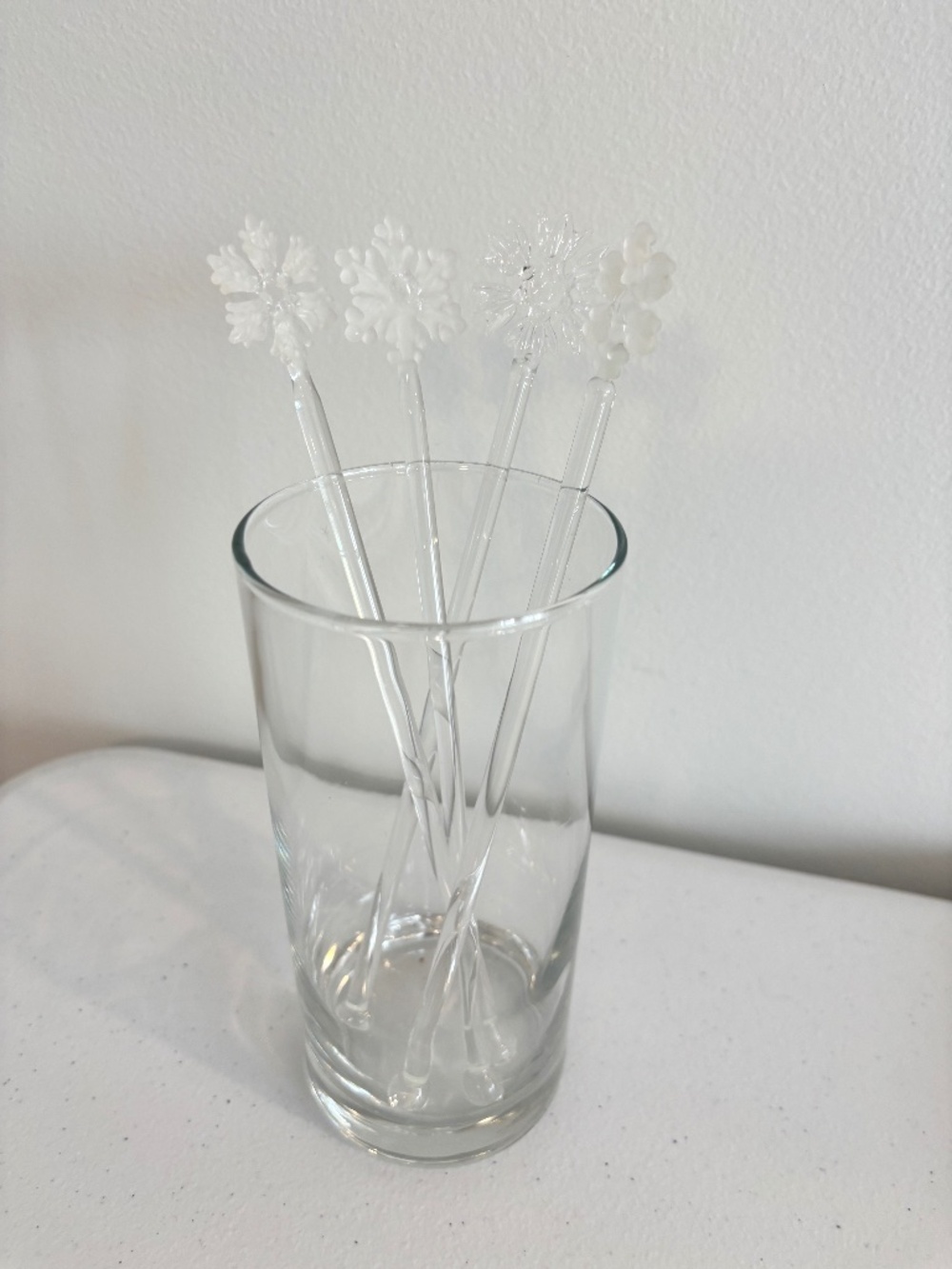 SET OF FOUR clear Glass snowflake topped cocktail stir sticks swizzle sticks